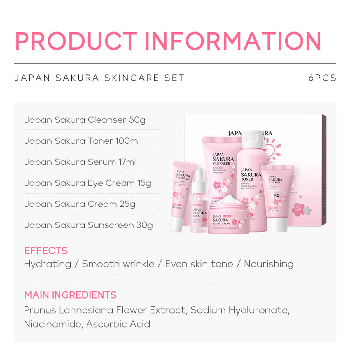 Set de cuidado de la piel JAPAN SAKURA Juegos de regalo de belleza para mujeres Kit de cuidado de la piel con limpiador, tónico, loción, suero, crema para ojos, crema facial Kit de viaje, tamaños compatibles con TSA, 6 piezas