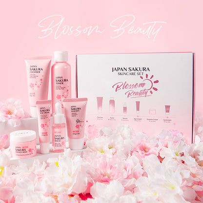 Set de cuidado de la piel JAPAN SAKURA Juegos de regalo de belleza para mujeres Kit de cuidado de la piel con limpiador, tónico, loción, suero, crema para ojos, crema facial Kit de viaje, tamaños compatibles con TSA, 6 piezas