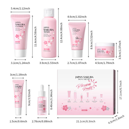 Set de cuidado de la piel JAPAN SAKURA Juegos de regalo de belleza para mujeres Kit de cuidado de la piel con limpiador, tónico, loción, suero, crema para ojos, crema facial Kit de viaje, tamaños compatibles con TSA, 6 piezas